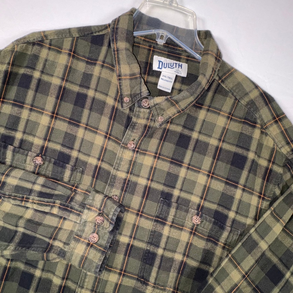 Duluth Trading Co Mens 2XL Tall Relaxed Fit Plaid Flannel Shirt Green 52007